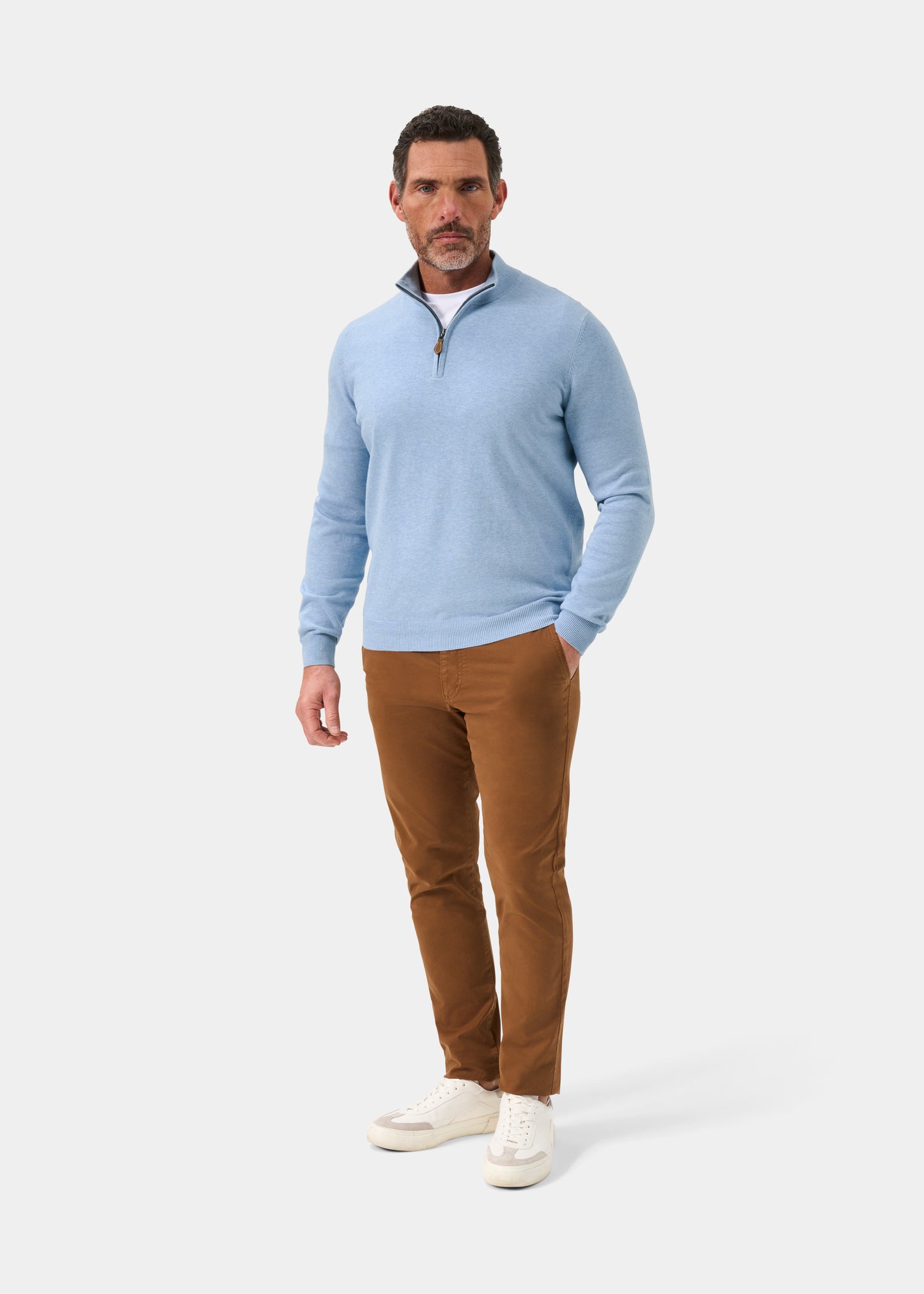 Men's Cotton Cashmere Quarter Zip Jumper in Light Blue