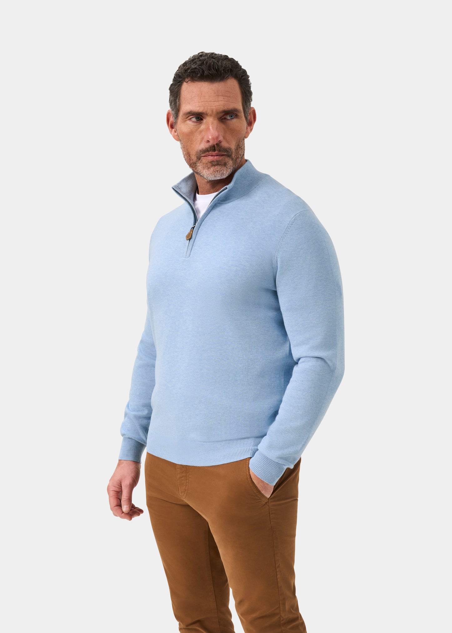 Men's Cotton Cashmere Quarter Zip Jumper in Light Blue