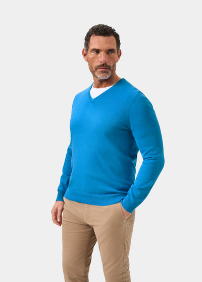 Men's Cotton Cashmere Vee Neck Jumper in Blue