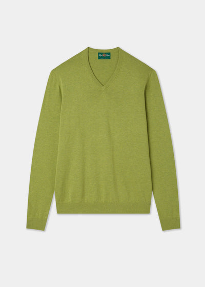 Men's Cotton Cashmere Vee Neck Jumper in Green