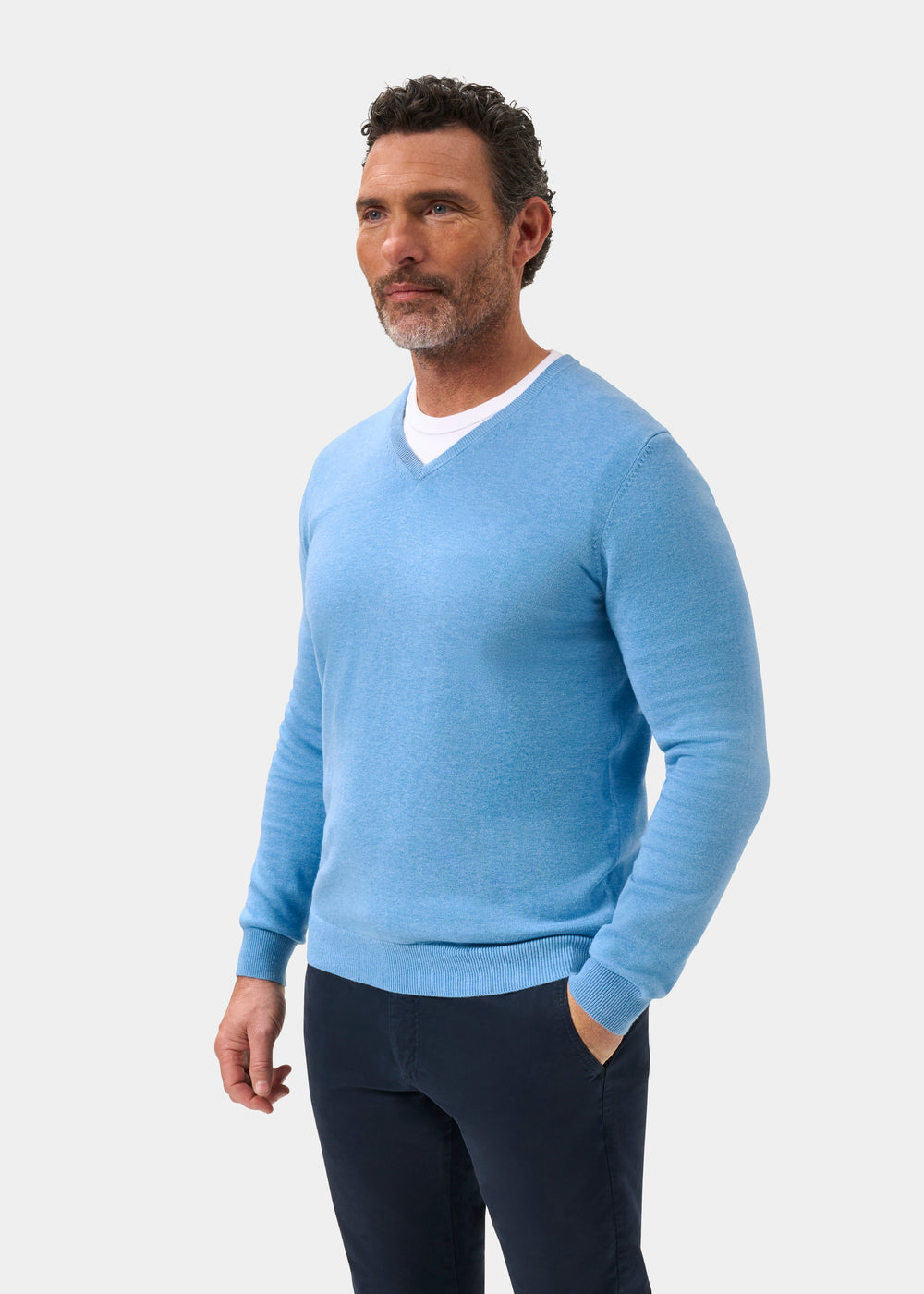 Men's Cotton Cashmere Vee Neck Jumper in Light Blue