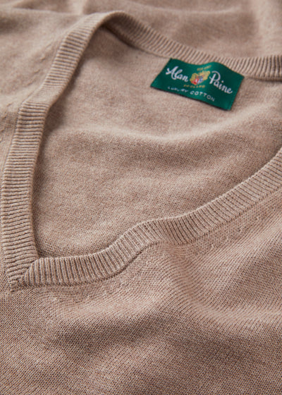 Men's Cotton Cashmere Vee Neck Jumper in Brown