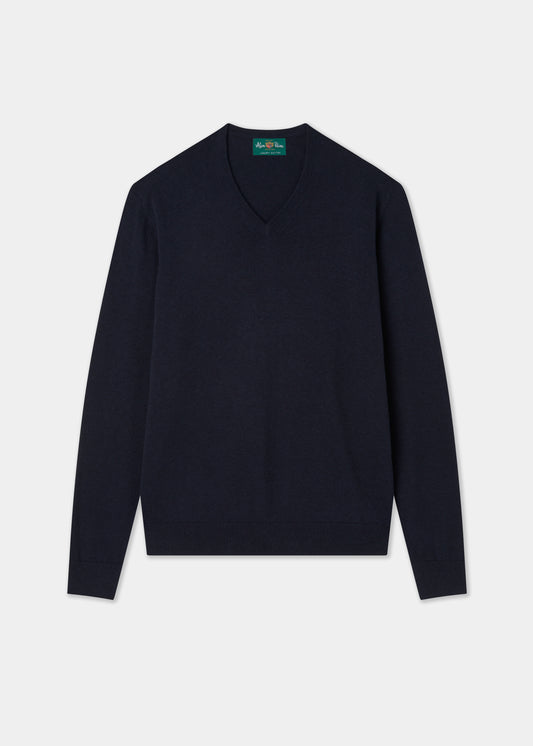 Men's Cotton Cashmere Vee Neck Jumper in Navy