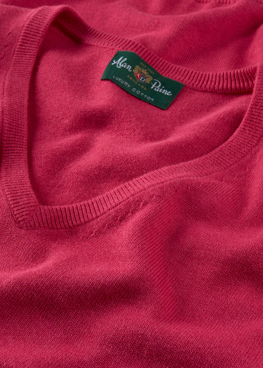 Men's Cotton Cashmere Vee Neck Jumper in Raspberry