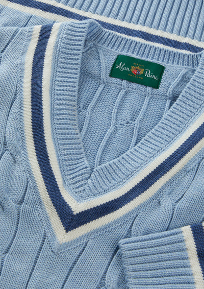 Men's Cotton Vee Neck Cricket Jumper in Light Blue, White and Dark Blue