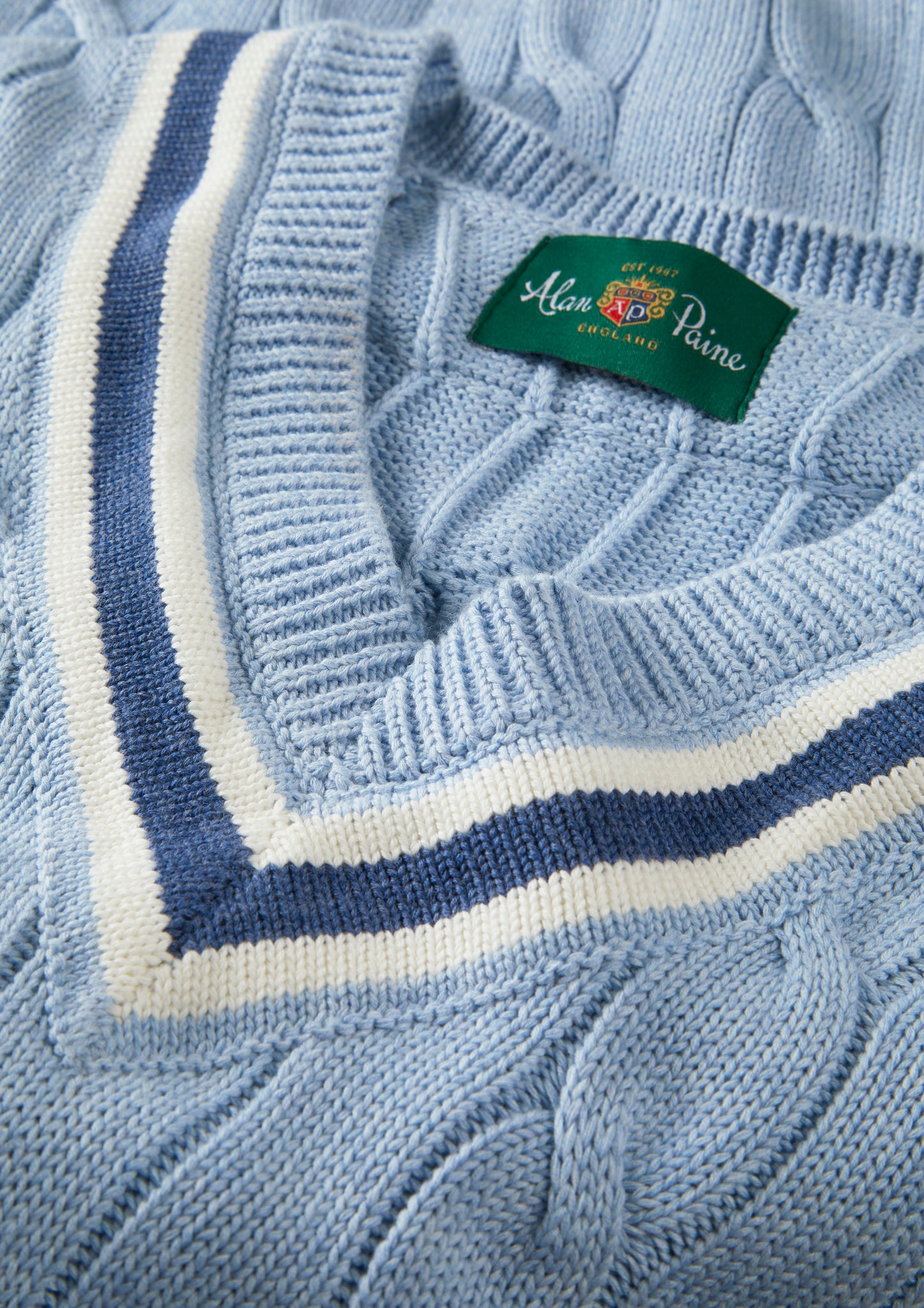 Men's Cotton Vee Neck Cricket Jumper in Light Blue, White and Dark Blue