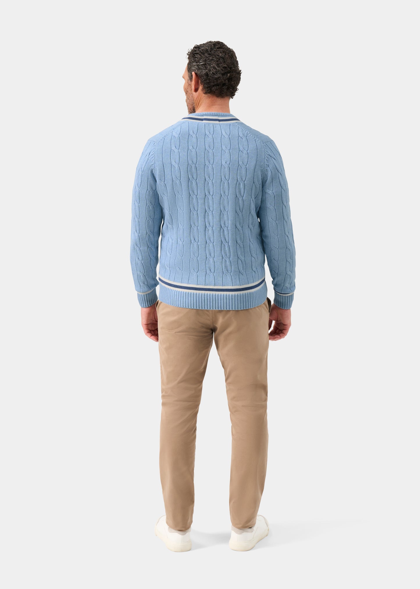 Men's Cotton Vee Neck Cricket Jumper in Light Blue, White and Dark Blue