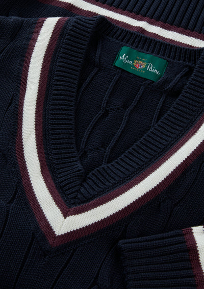 Men's Cotton Vee Neck Cricket Jumper in Navy & Purple
