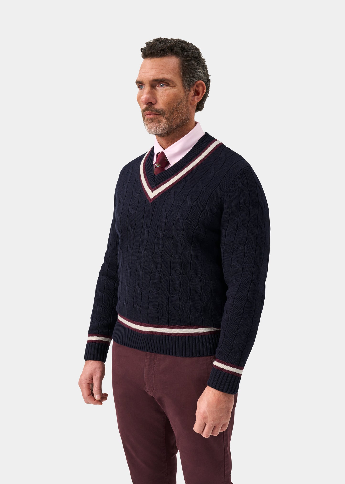 Men's Cotton Vee Neck Cricket Jumper in Navy & Purple