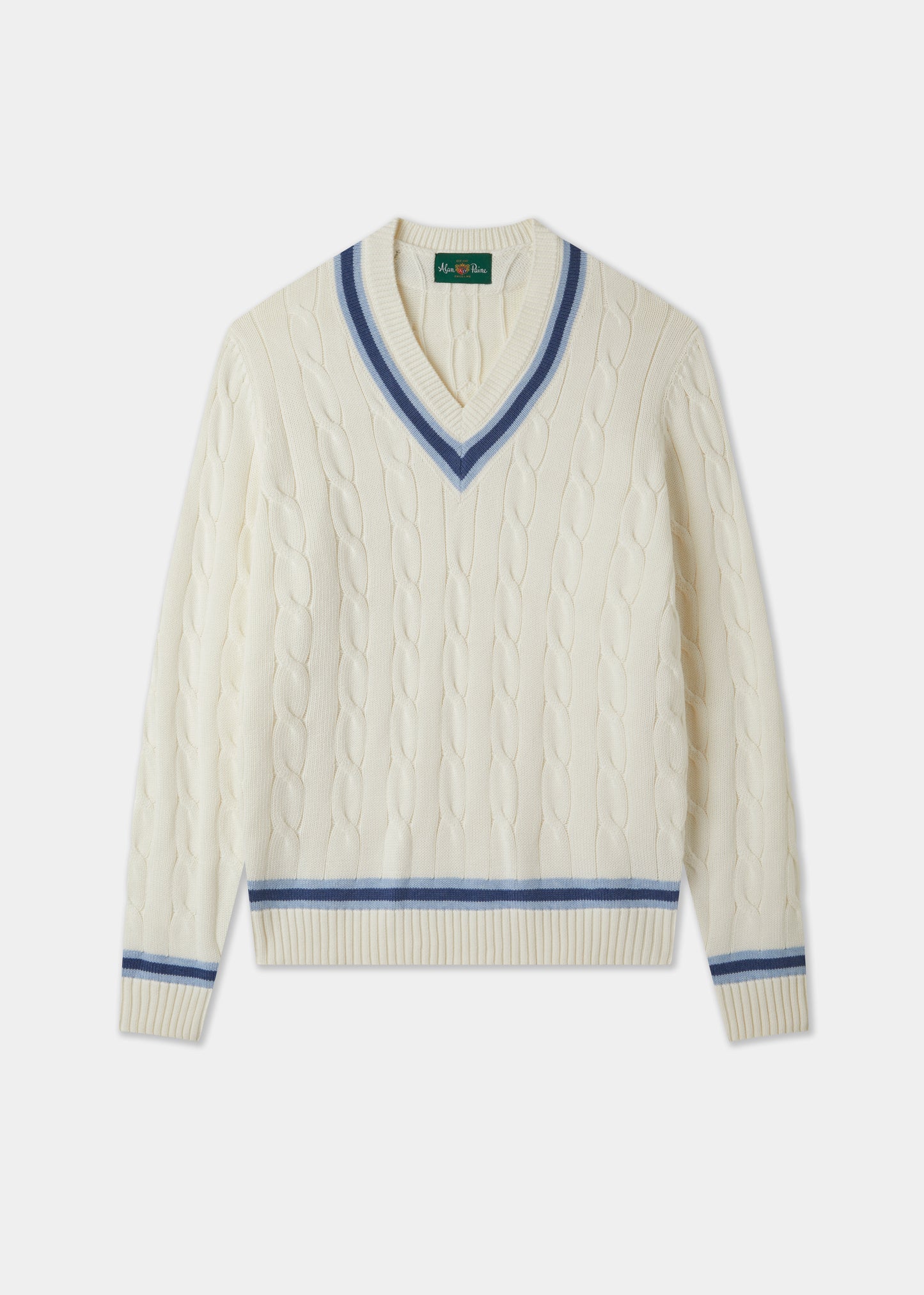 Men's Cotton V-neck Cricket Jumper In White and Blue
