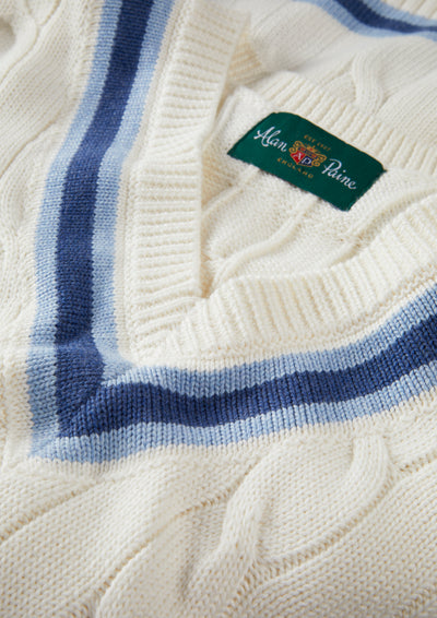 Men's Cotton V-neck Cricket Jumper In White and Blue
