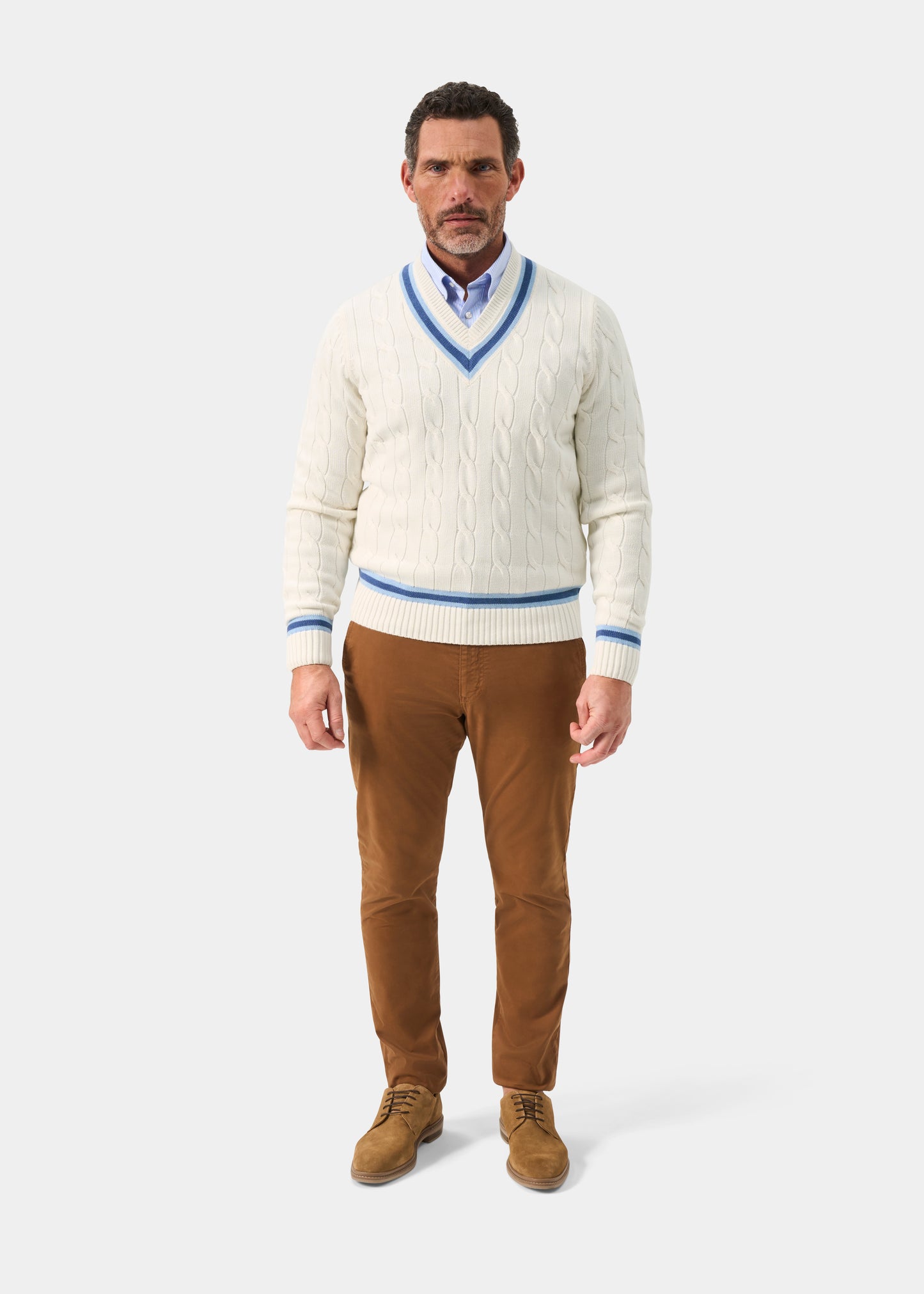 Men's Cotton V-neck Cricket Jumper In White and Blue