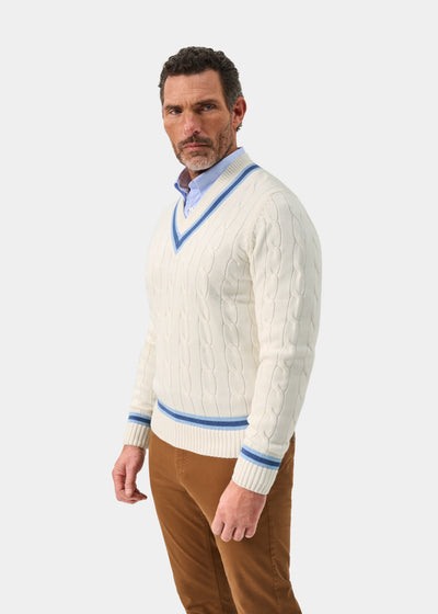 Men's Cotton V-neck Cricket Jumper In White and Blue