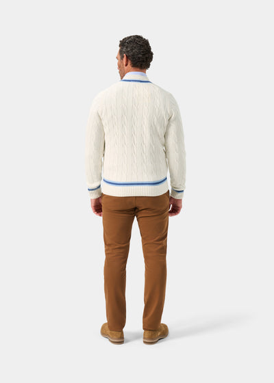 Men's Cotton V-neck Cricket Jumper In White and Blue