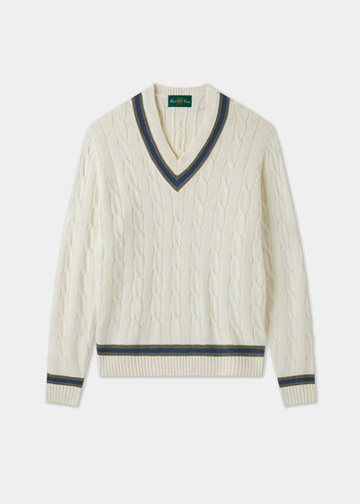 Men's Cotton Vee Neck Cricket Jumper in White, Green and Blue