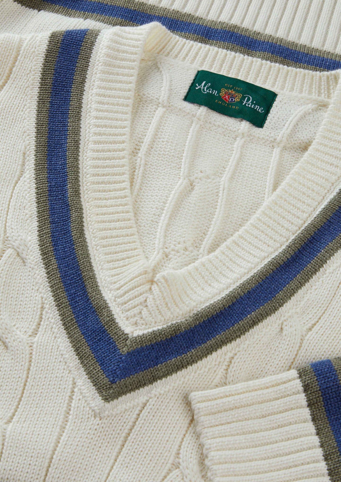 Men's Cotton Vee Neck Cricket Jumper in White, Green and Blue