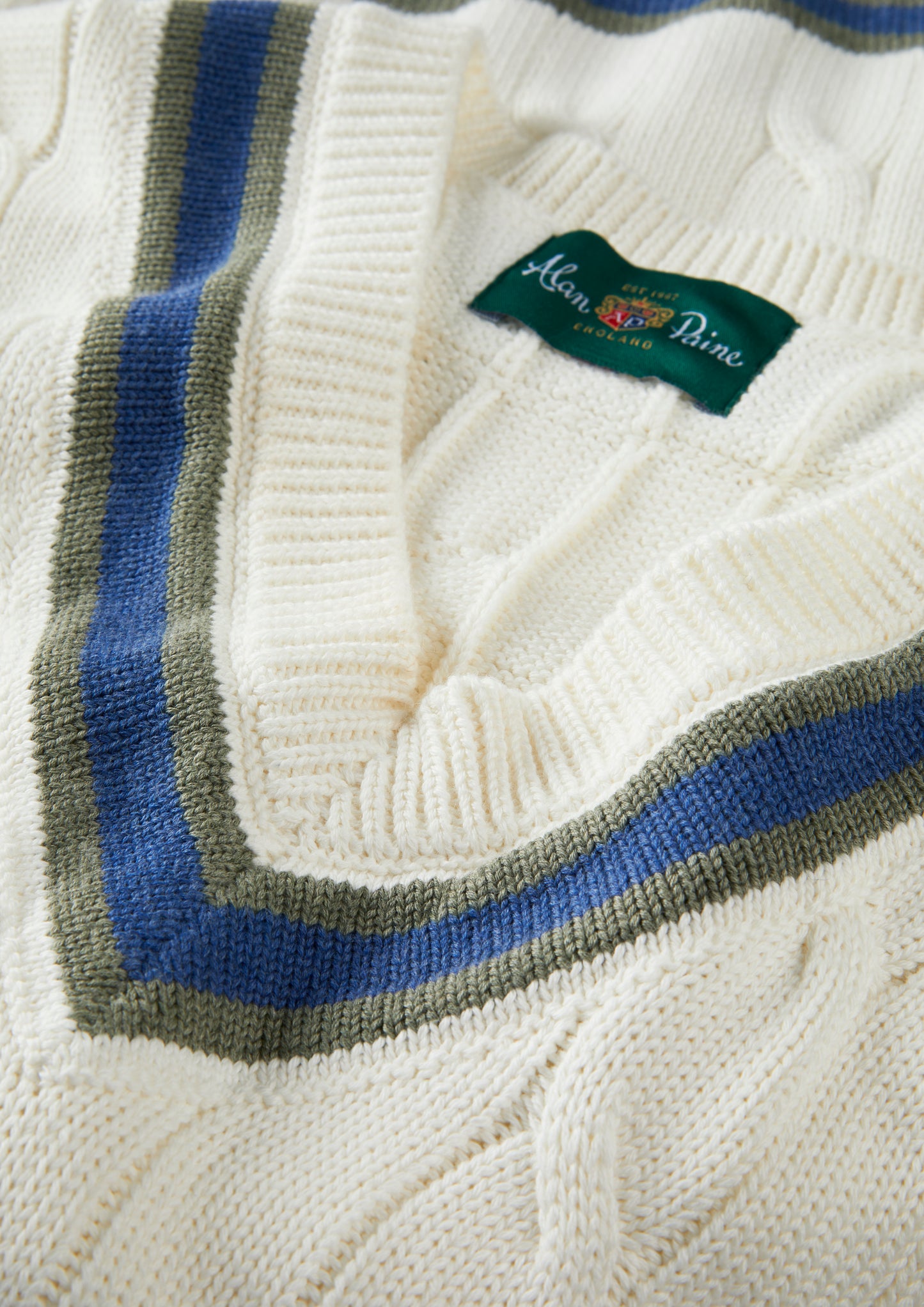 Men's Cotton Vee Neck Cricket Jumper in White, Green and Blue