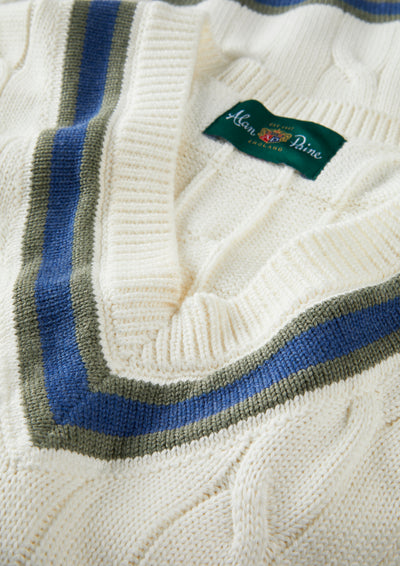 Men's Cotton Vee Neck Cricket Jumper in White, Green and Blue