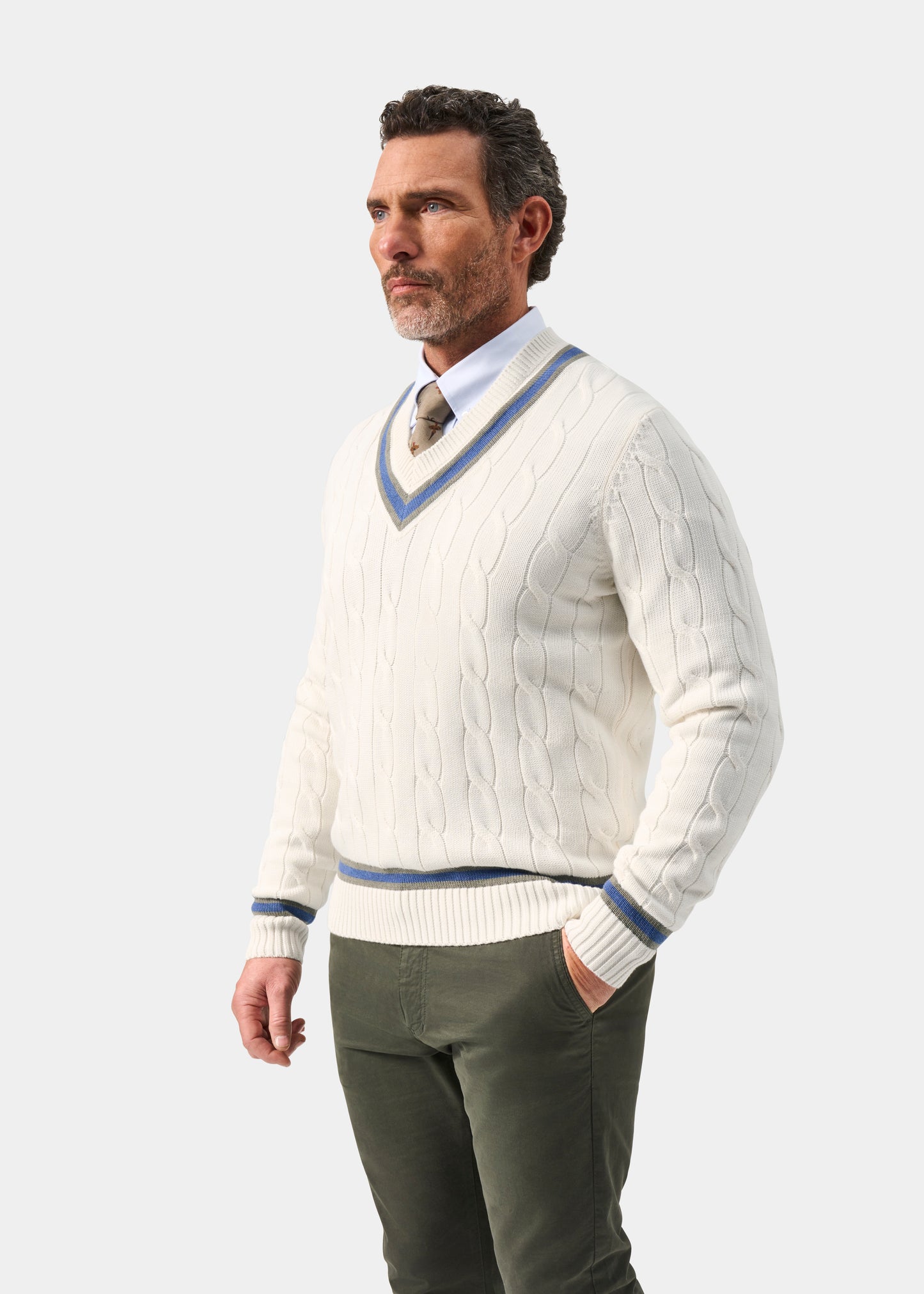 Men's Cotton Vee Neck Cricket Jumper in White, Green and Blue