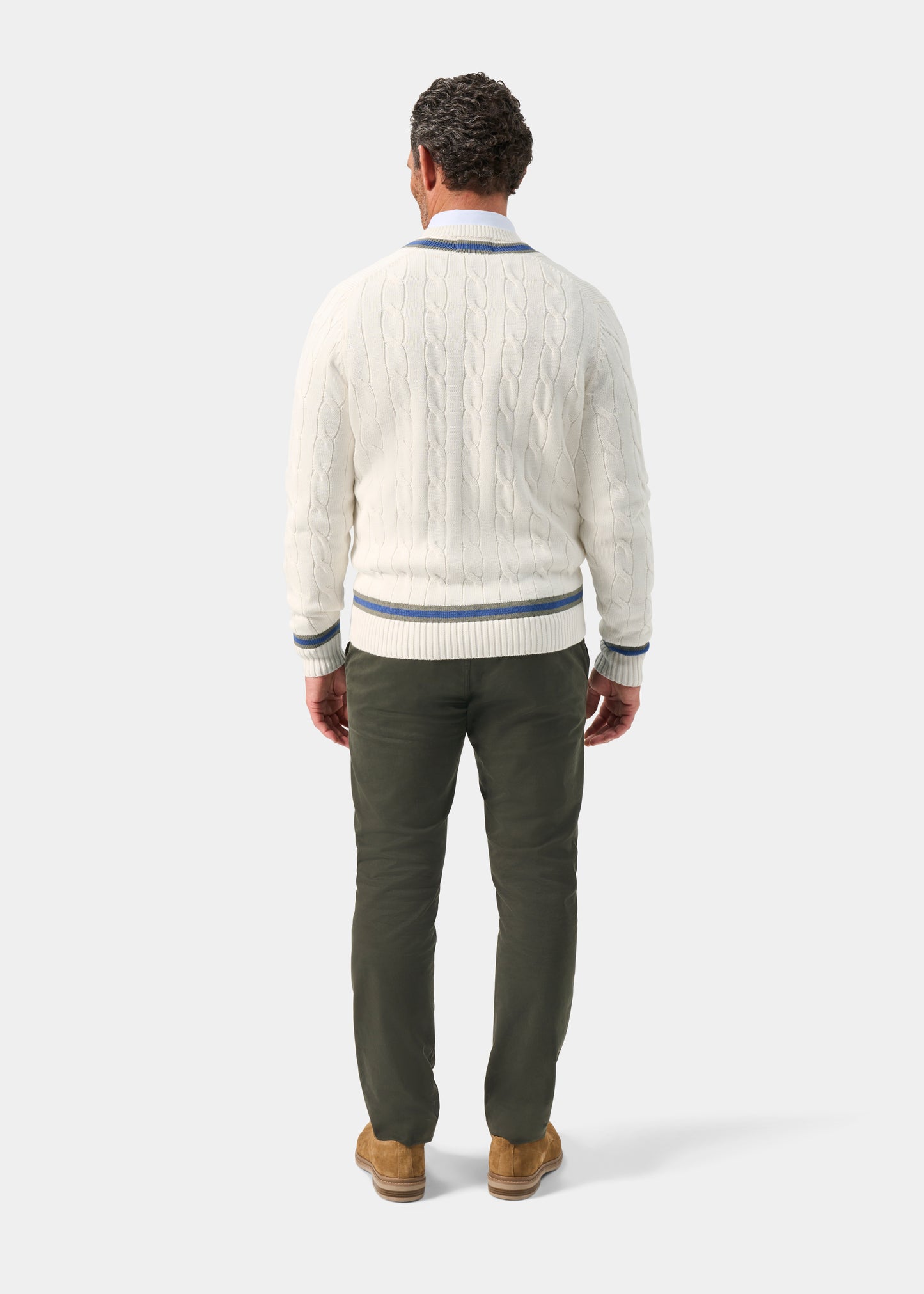 Men's Cotton Vee Neck Cricket Jumper in White, Green and Blue