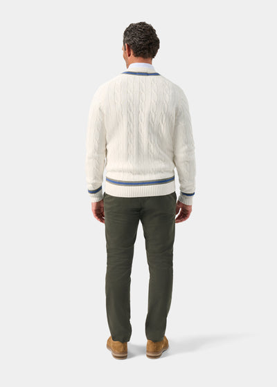 Men's Cotton Vee Neck Cricket Jumper in White, Green and Blue