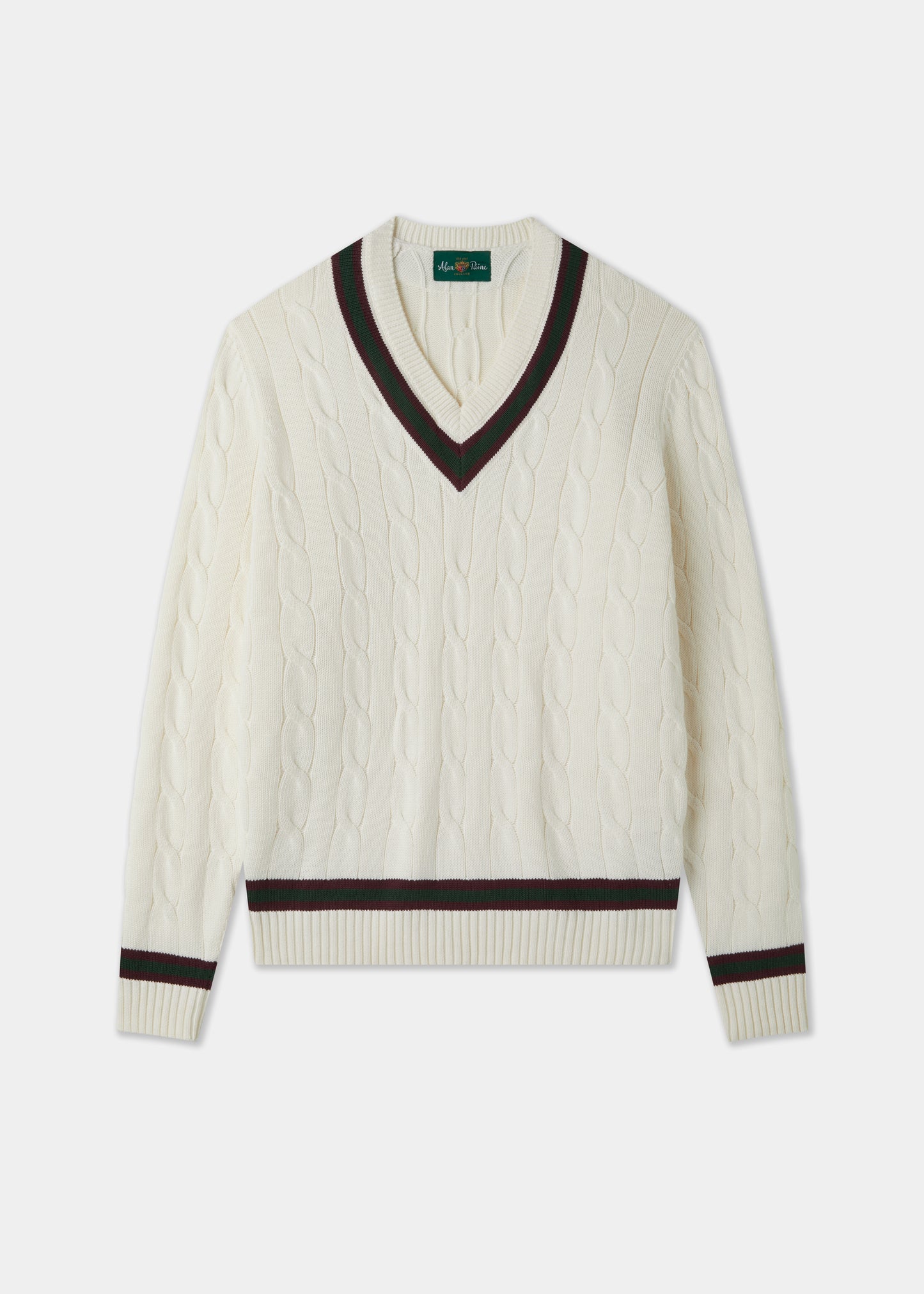 Men's Cotton Vee Neck Cricket Jumper in White, Purple and Green