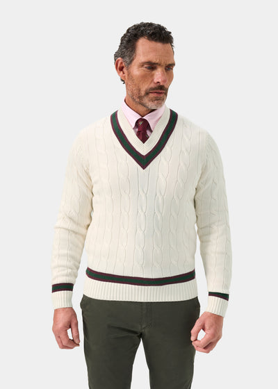 Men's Cotton Vee Neck Cricket Jumper in White, Purple and Green