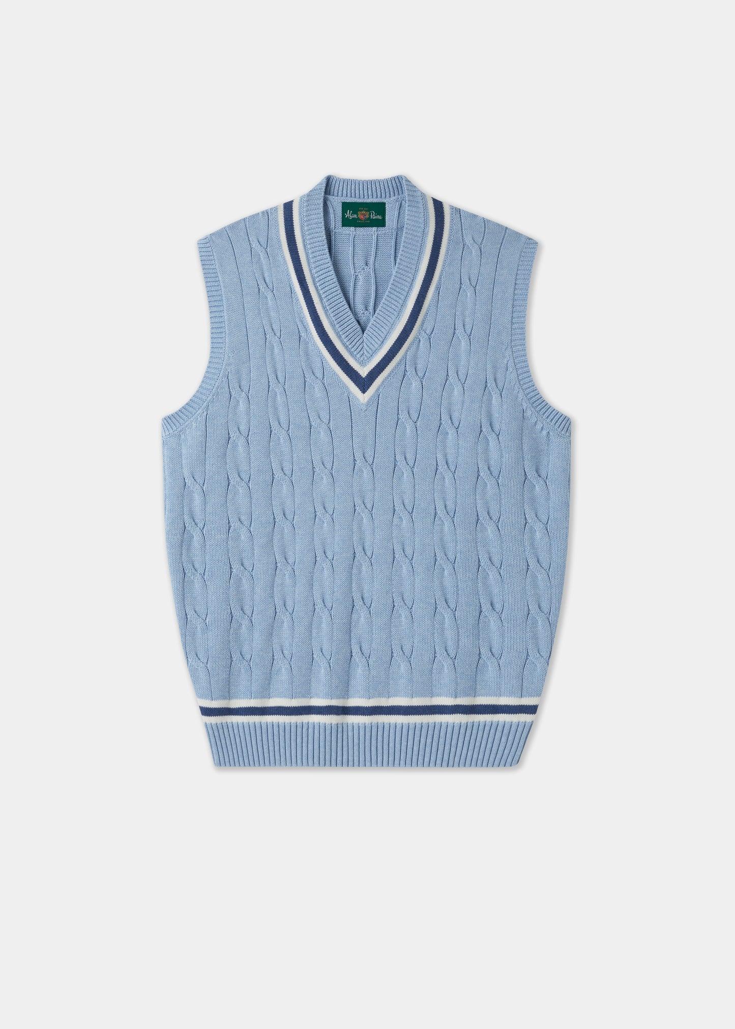 Men's Cotton Vee Neck Slipover Cricket Jumper in Light Blue and Navy