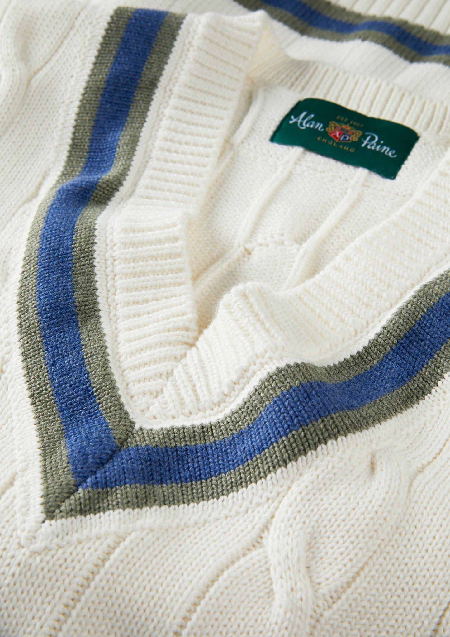 Men's Cotton Vee Neck Slipover Cricket Junper in White and Blue