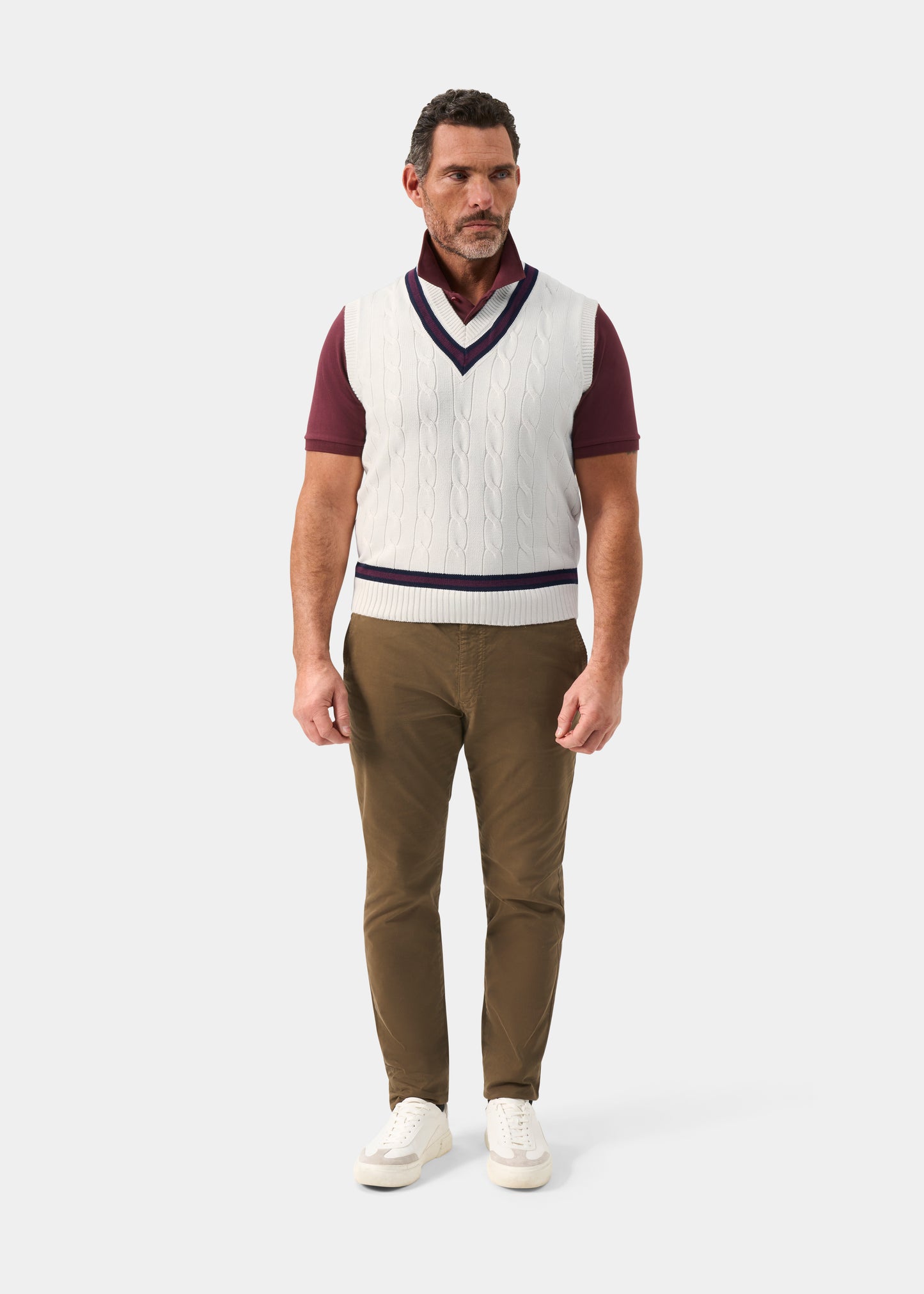 Men's Cotton Vee Neck Slipover Cricket Junper in White and Red