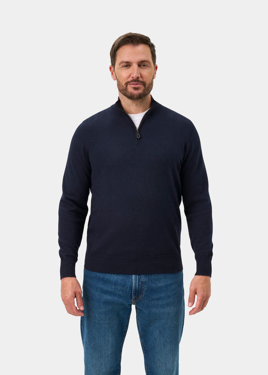 Jersey Ashfield de algodón y merino con cremallera hasta el pecho en azul marino oscuro - Corte regular