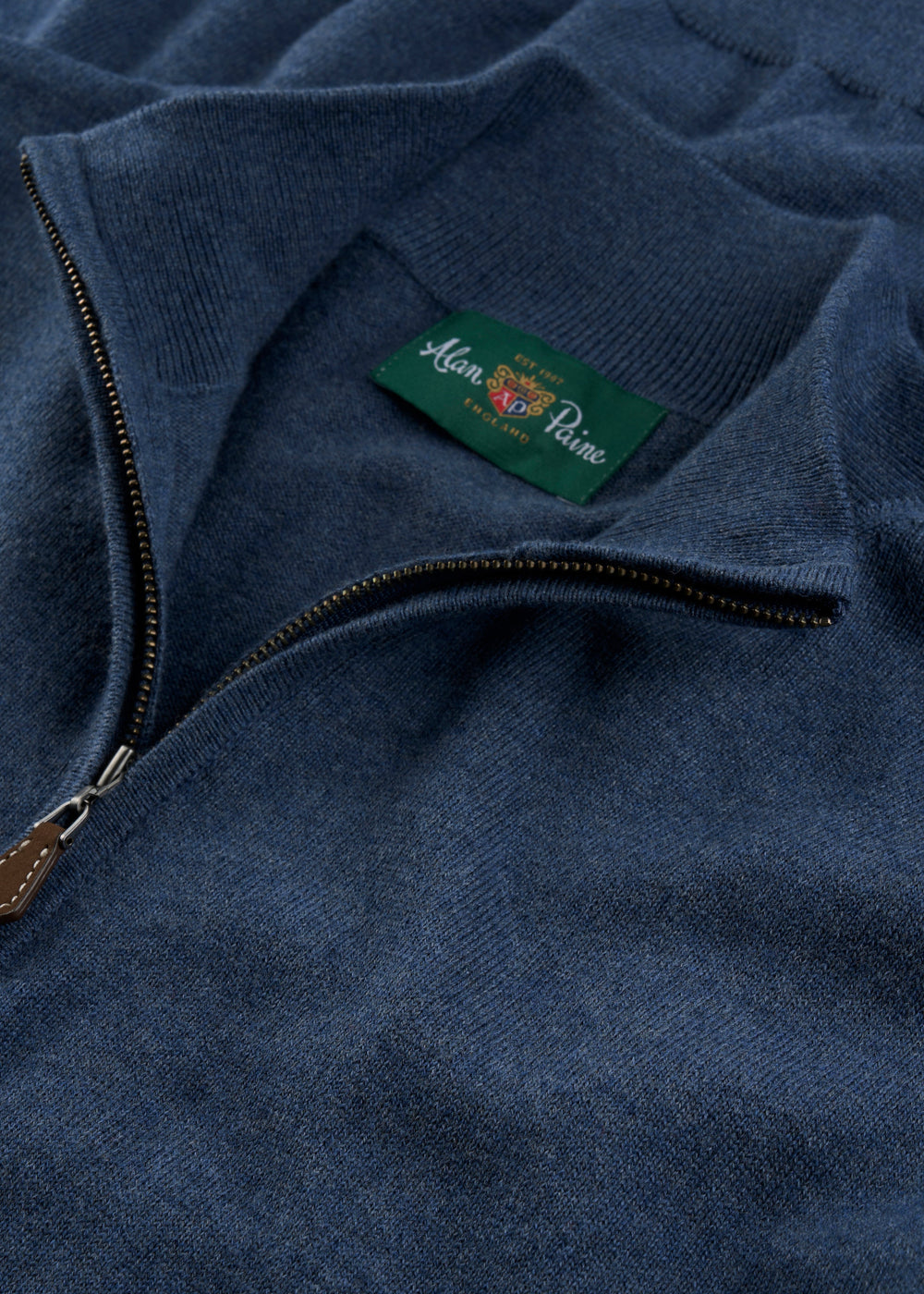 Denim Ashfield Quarter Zip Jumper, regular fit, with green Alan Paine & England label in gold and red.