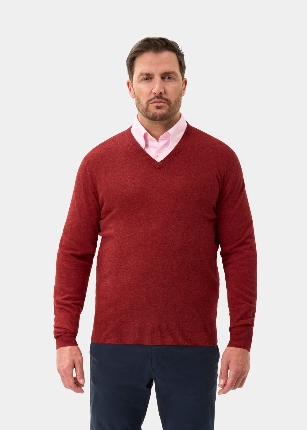 Men's Geelong Wool Vee Neck Jumper in Poppy Melange