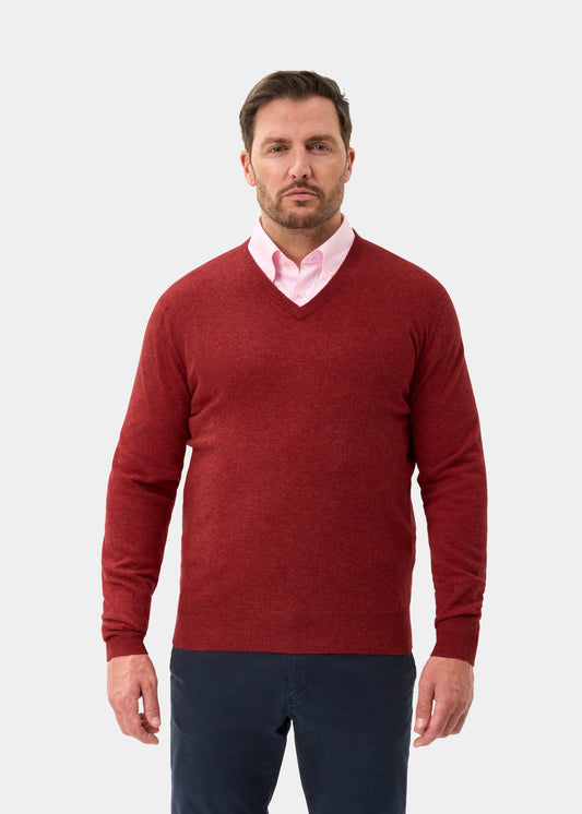 Men's Geelong Wool Vee Neck Jumper in Poppy Melange