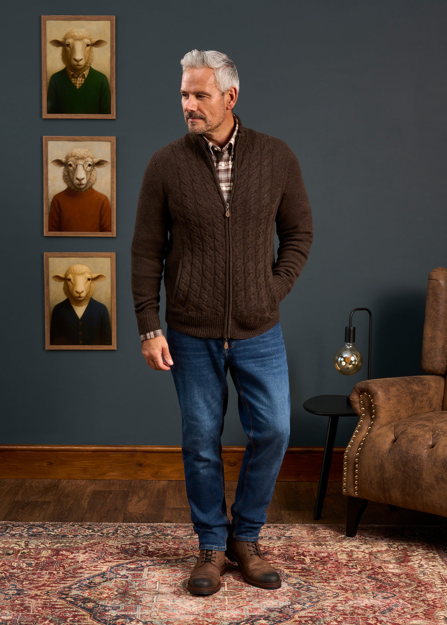 Mens-Lambswool-Cable-Front-Zip-Mock-Neck-Jumper-Brown