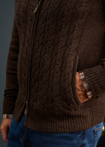 Mens-Lambswool-Cable-Front-Zip-Mock-Neck-Jumper-Brown