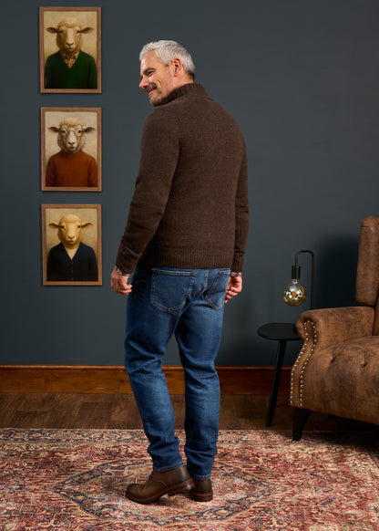 Mens-Lambswool-Cable-Front-Zip-Mock-Neck-Jumper-Brown