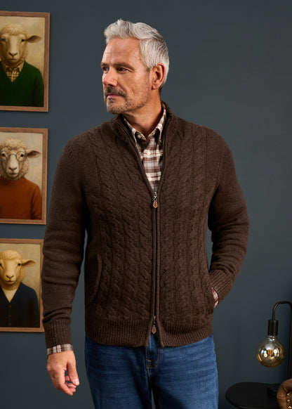 Mens-Lambswool-Cable-Front-Zip-Mock-Neck-Jumper-Brown