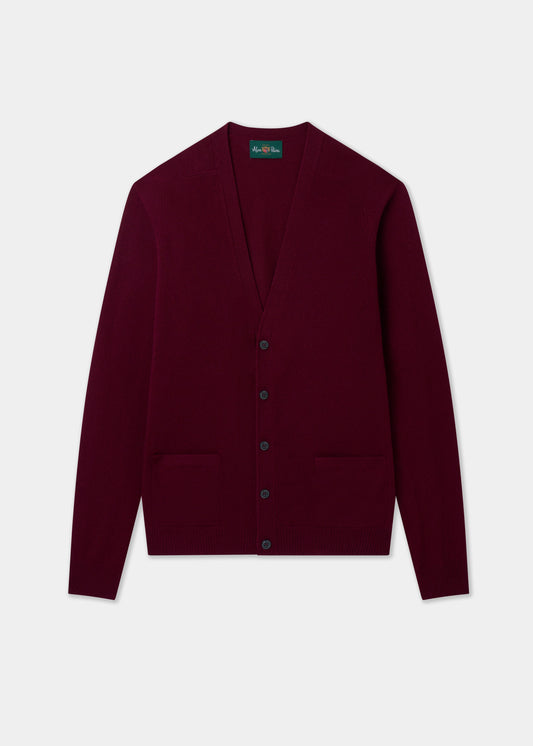 Men's Lambswool Vee Neck Cardigan Jumper in Bordeaux