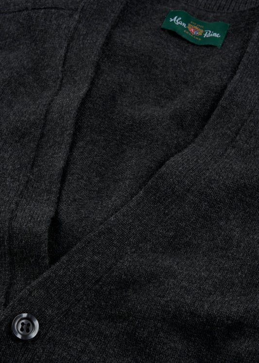 Men's Lambswool Vee Neck Cardigan Jumper in Charcoal