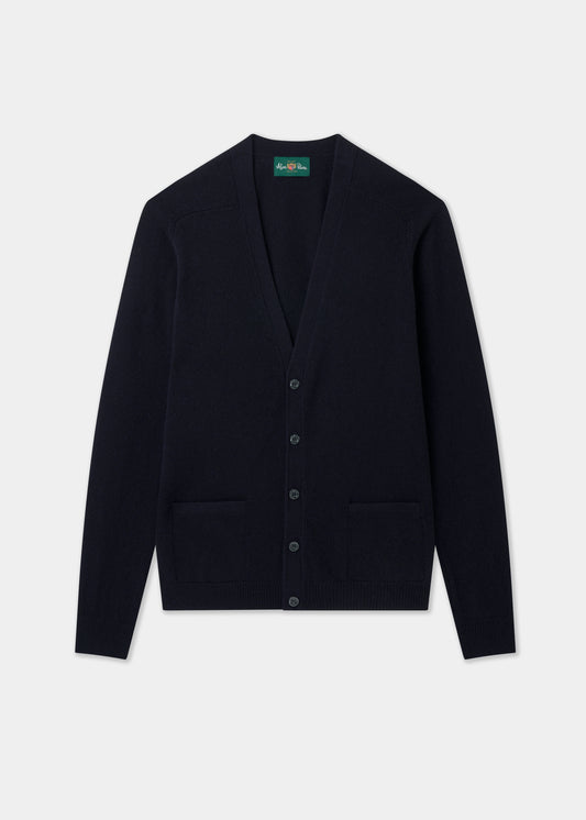 Men's Lambswool Vee Neck Cardigan Jumper in Navy