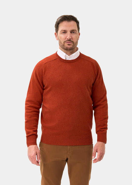 Man wears Dorset Lambswool Crew Neck Jumper in Ember and brown pants, standing against a light gray background.