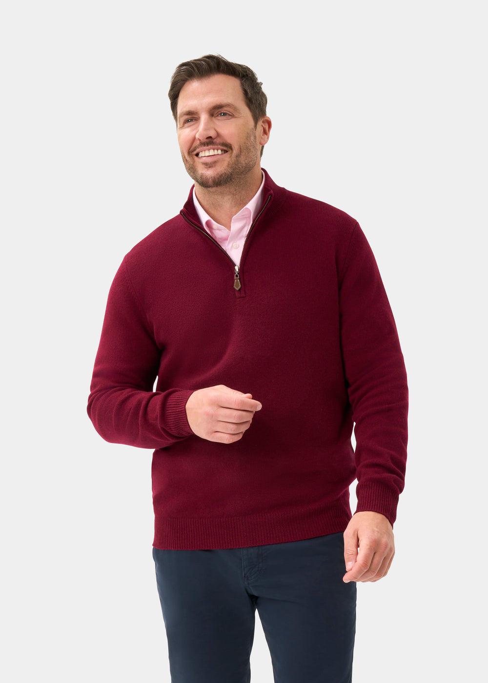 Men's Lambswool Quarter Zip Neck Jumper in Bordeaux