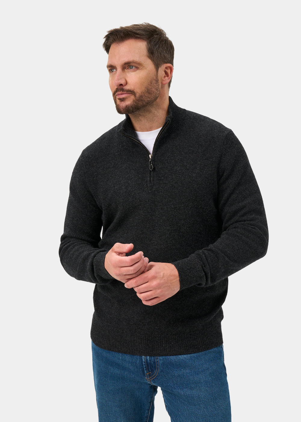 Sutherland Lambswool Quarter Zip Jumper In Charcoal - Regular Fit