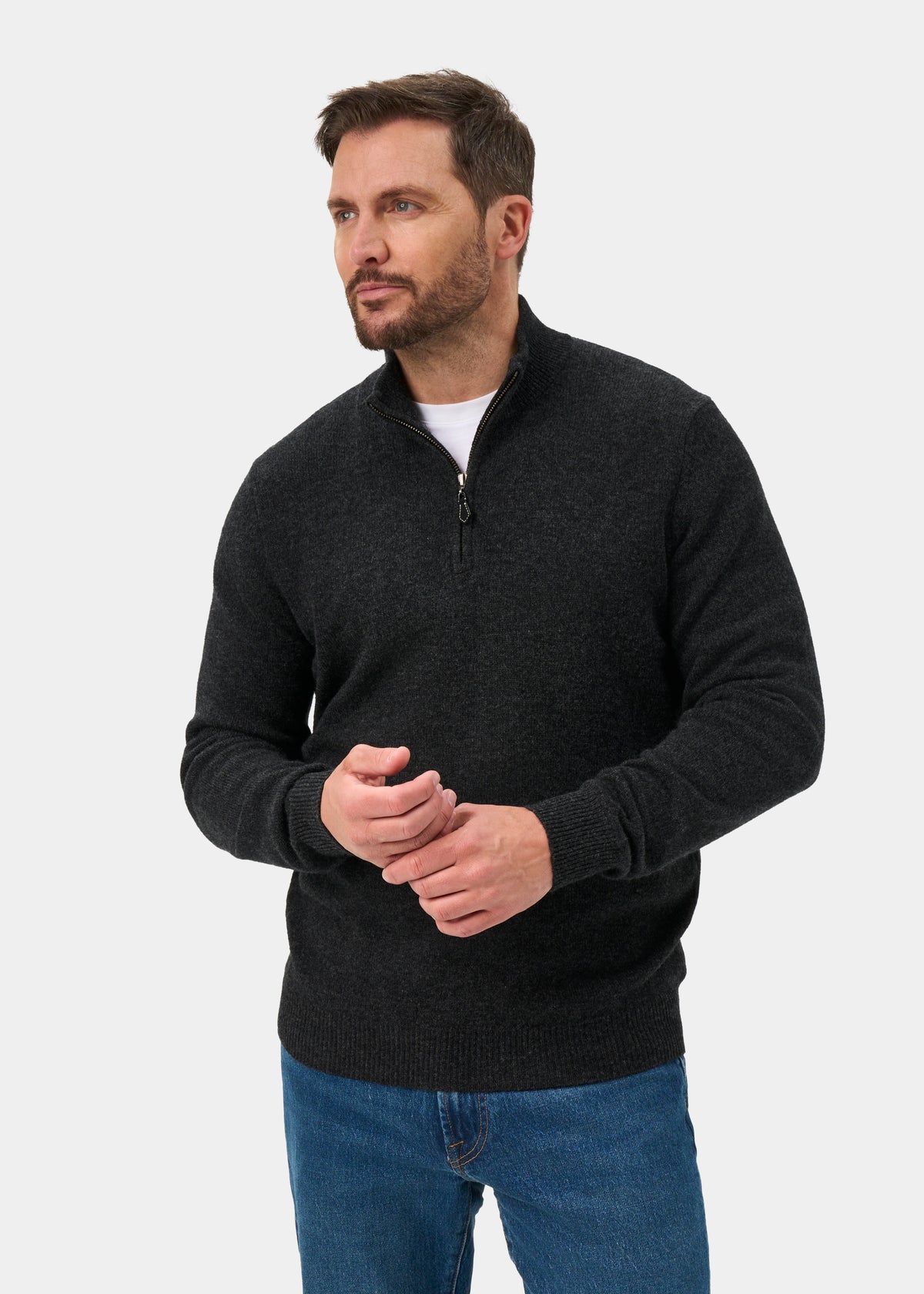 Sutherland Lambswool Quarter Zip Jumper In Charcoal - Regular Fit