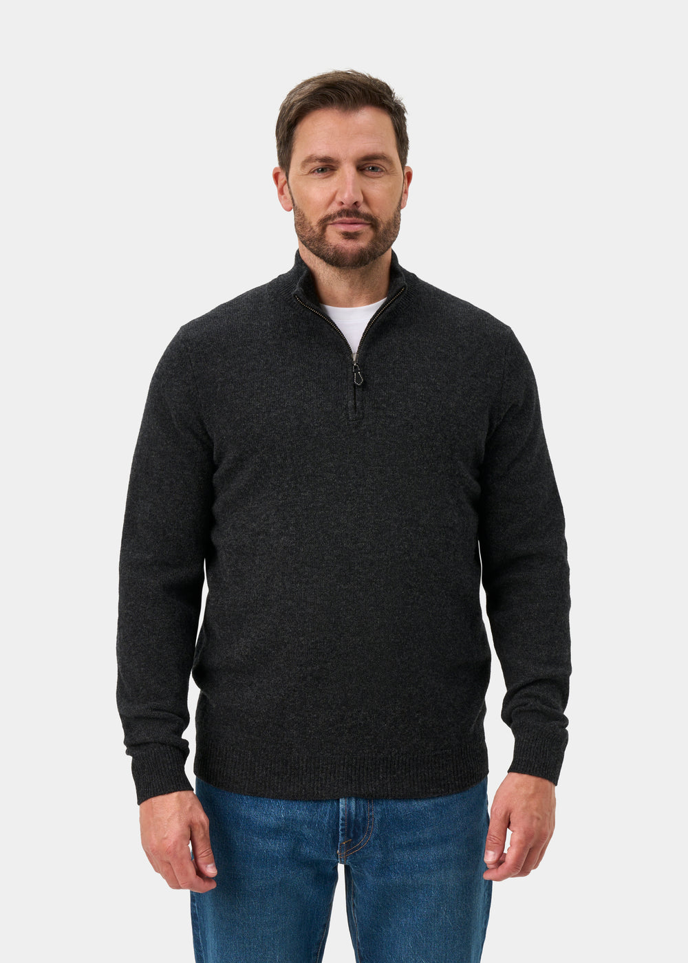 Sutherland Lambswool Quarter Zip Jumper In Charcoal - Regular Fit