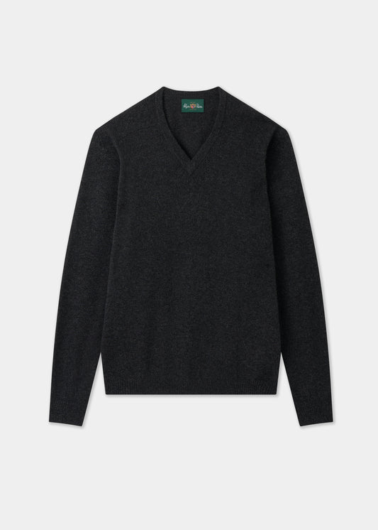 Men's Lambswool Vee Neck Jumper in Charcoal