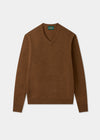 Hampshire Lambswool Vee Neck Jumper in Driftwood, classic fit, long sleeves, ribbed hem and cuffs, shown flat.