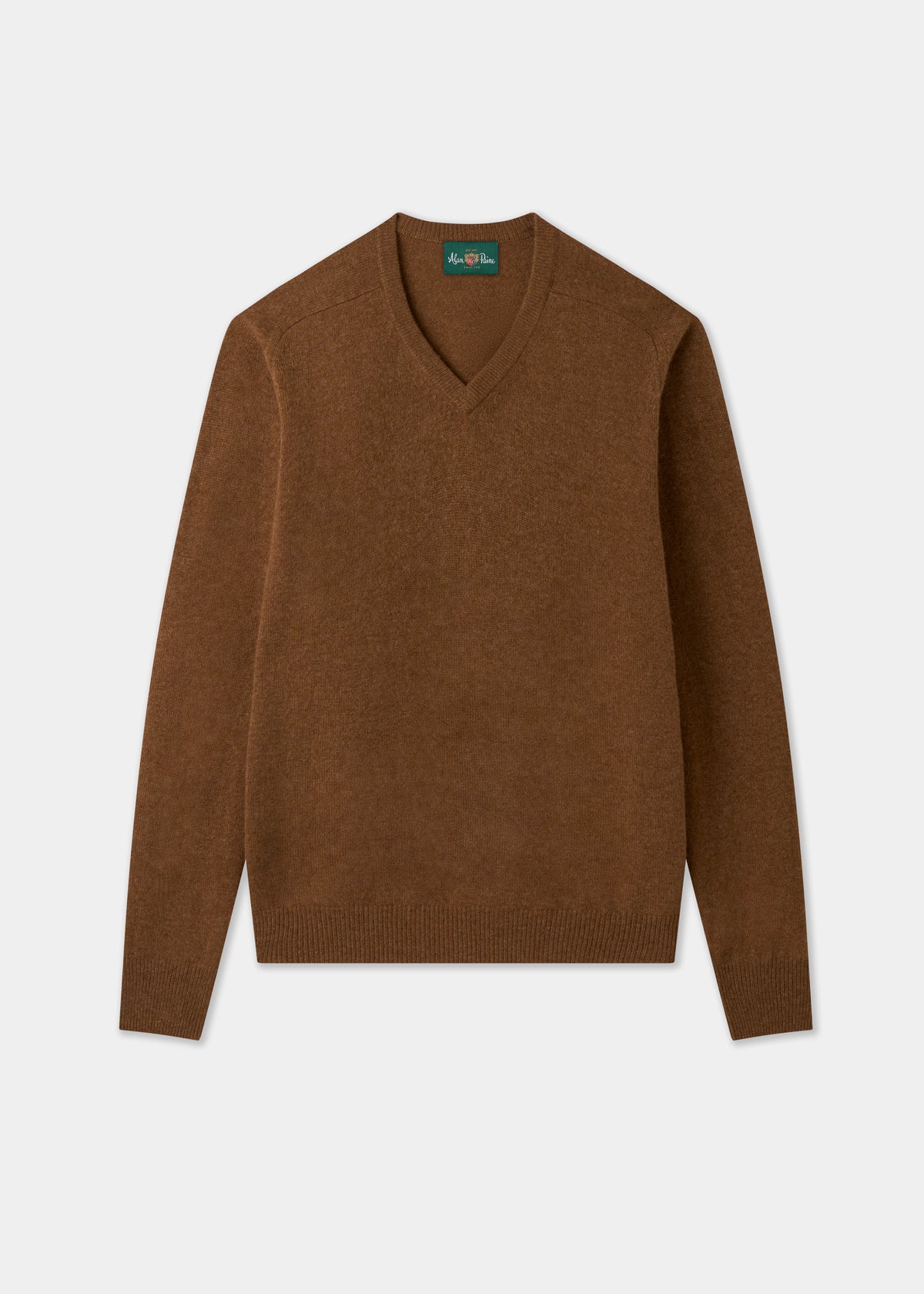Hampshire Lambswool Vee Neck Jumper in Driftwood, classic fit, long sleeves, ribbed hem and cuffs, shown flat.