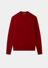 Hampshire Lambswool Vee Neck Jumper in Dubonnet, classic fit, red, long sleeves; laid flat on white background.